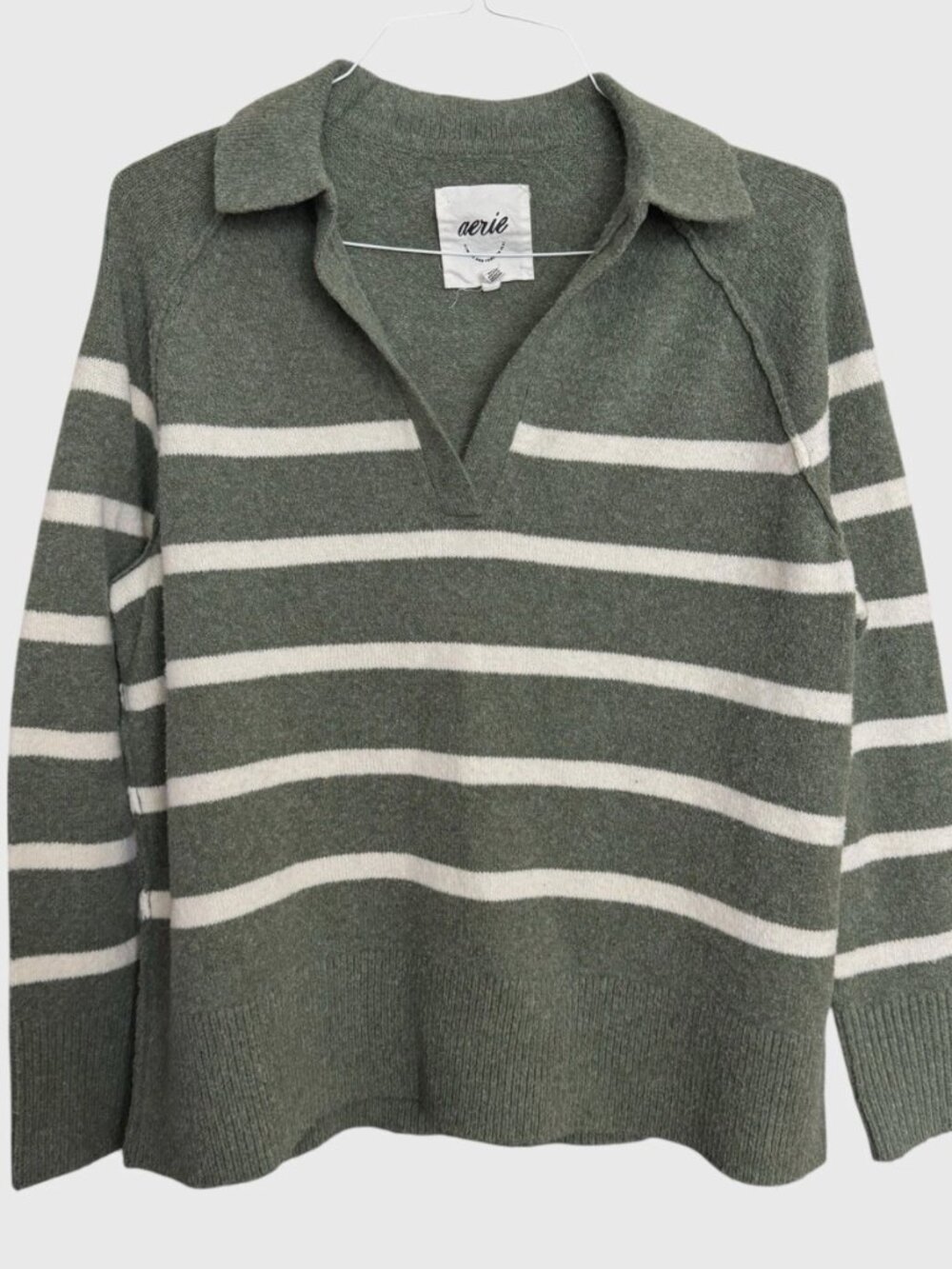 Aerie Women’s Striped V-Neck Oversized Collared Knit Sweater, Sage Green